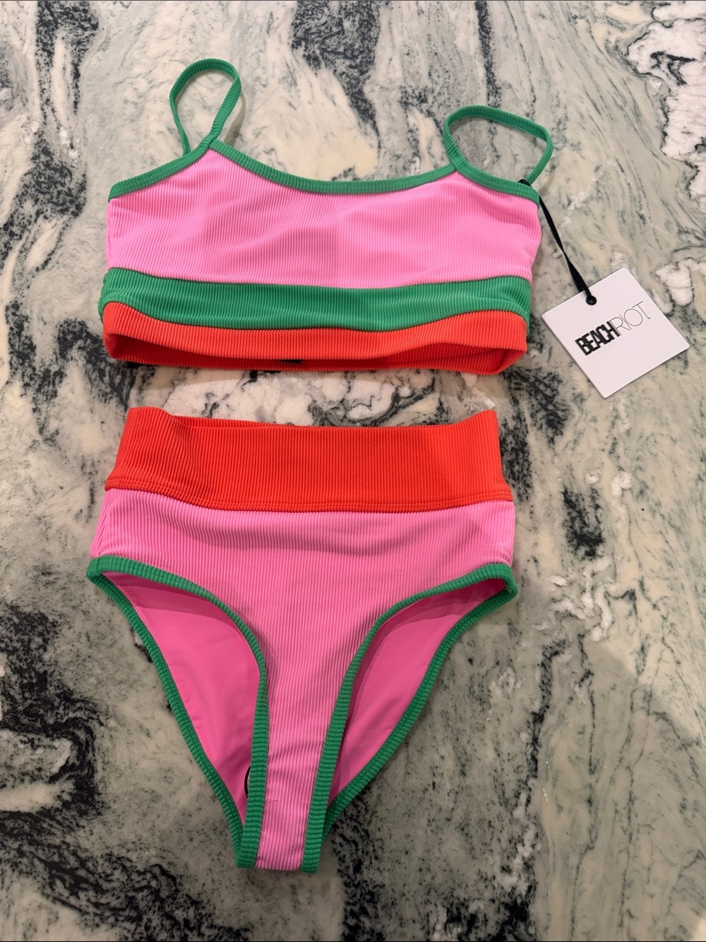 Beach Riot Pink, Green & Red Colorblock Girls' Bikini Set